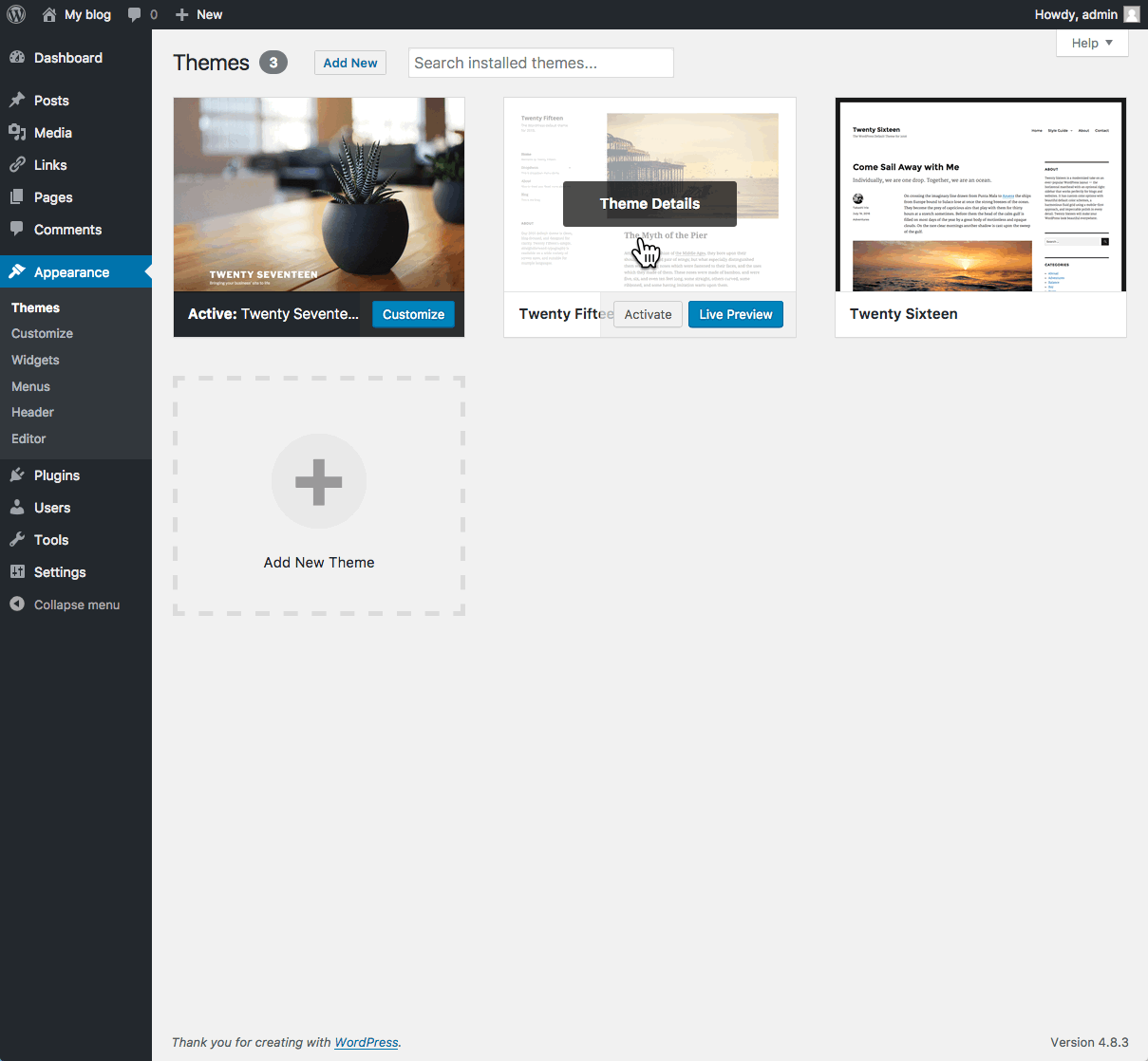 screen shot of WordPress theme options